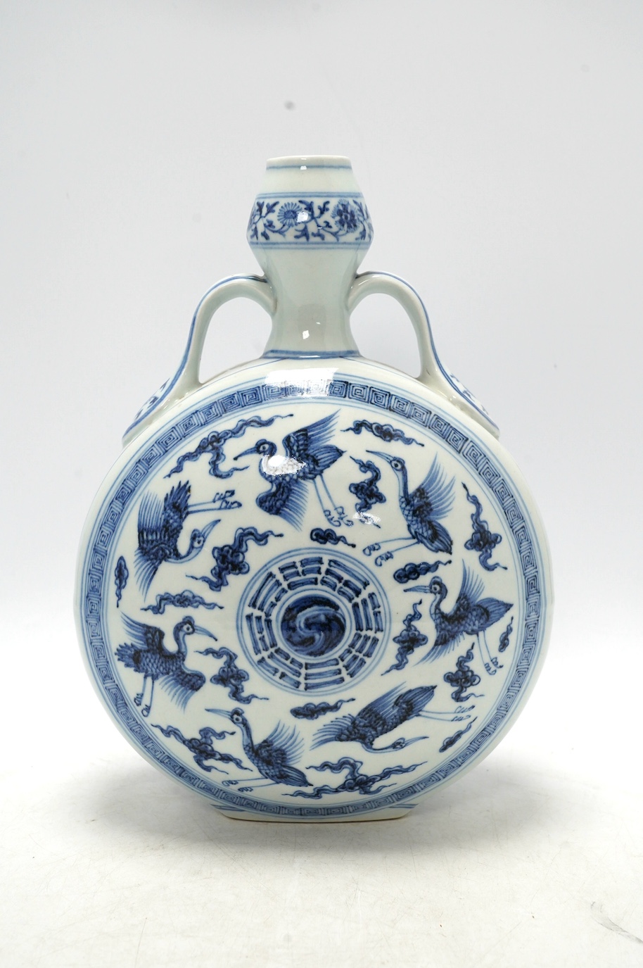 A Chinese blue and white two-handled moonflask, 30cm high. Condition - good